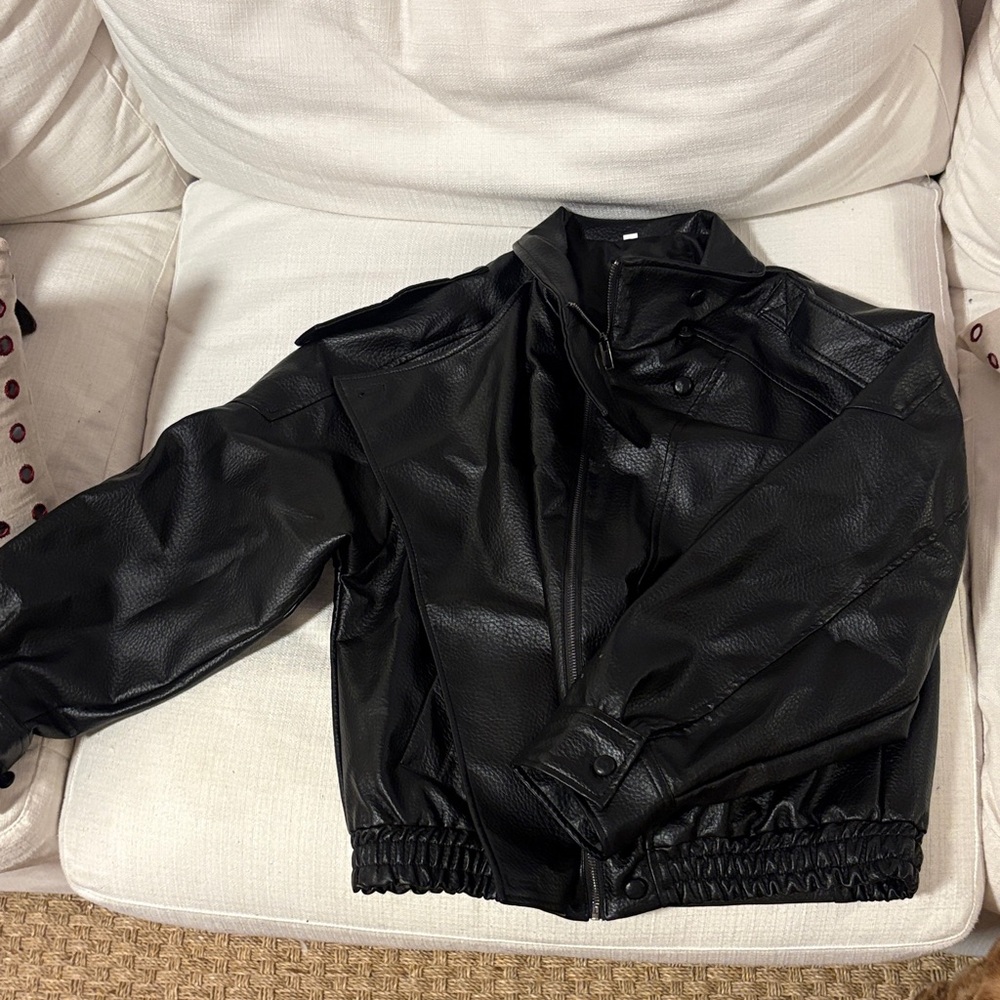 Black Faux Leather Bomber Jacket - Women